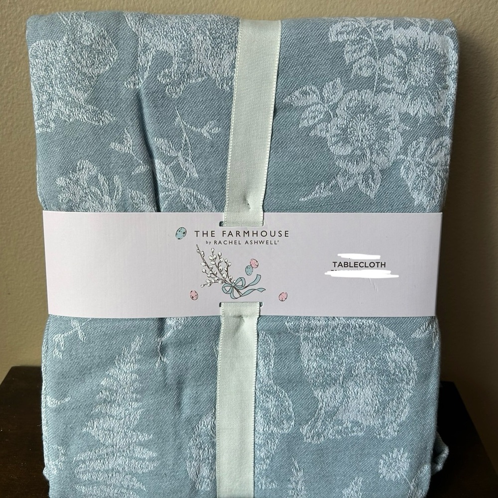 Rachel Ashwell Tablecloth New Easter Blue Bunny Floral Jacquard 60”x120” Oblong